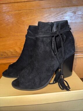 Black Suede Peep-Toe Ankle Boots with Tassel Tie